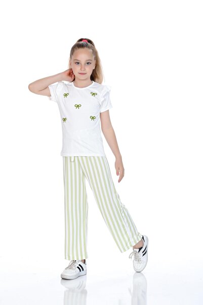 Kamex Girls' Suit with Bow Embroidered T-Shirt and Striped Milan Fabric Pants