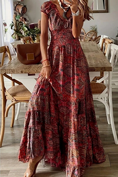 Viyamo Yeni Sezon Kadın Kısa Kollu Kruvaze Yakalı Desenli Maksi Boy Süprem Elbise