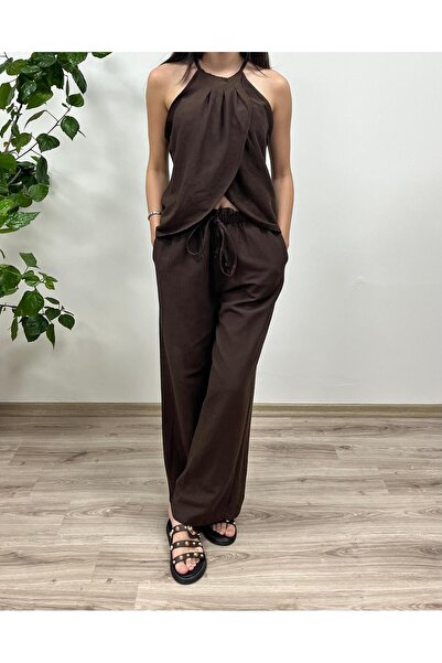 VAZIRADK Linen Textured Blouse Pants Set
