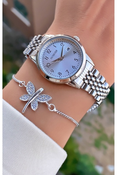 Homies طقم سوار ساعة يد نسائية فضية اللون مرصعة بأحجار الفراشة – مع تقويم، مقاومة للماء، علبة هدية