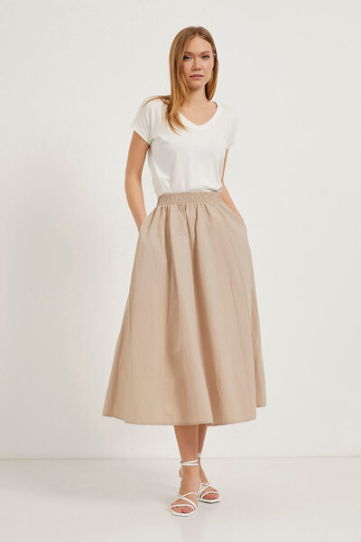 Arma Life Women's Elastic Flared Poplin Long Stone Skirt with Pockets