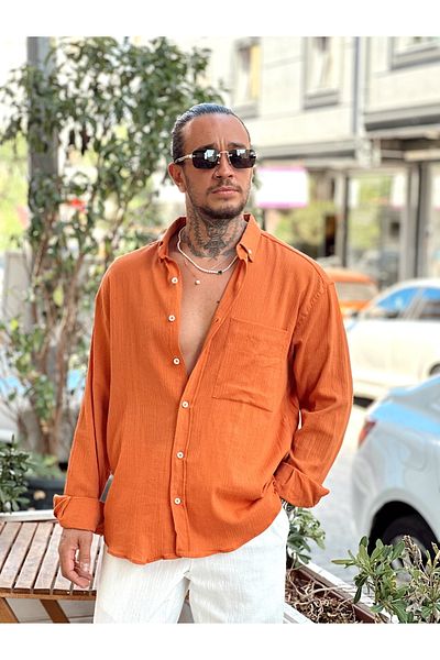manch collection Oversize Crinkle Linen Shirt Orange