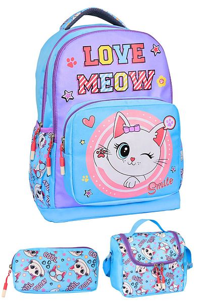 Just Polo JP 3-Piece Primary School Cat Printed Blue, Girl's School Bag with Lunch and Pen Holder Just Polo