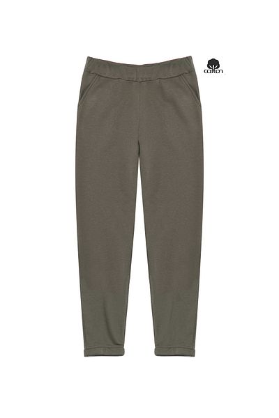 Cottonland Pantaloni de sport din bumbac, fără știfturi, cu trei fire, pentru femei MARCIA, cu tăietură normală, cu două picioare, Kaki deschis