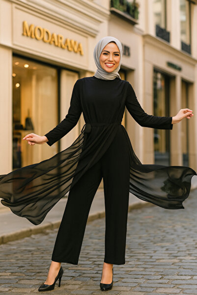 Modarana Şifon Seyyar Kemerli Kadın Uzun Tulum Elbise