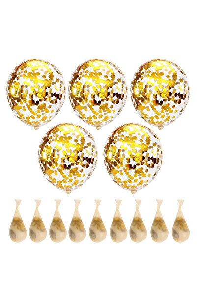 Parti Zamanı ı Gold Konfetili Şeffaf Balon Seti : 12" Balon 5 Adet - 1 Paket Balon Konfetisi (PULU)