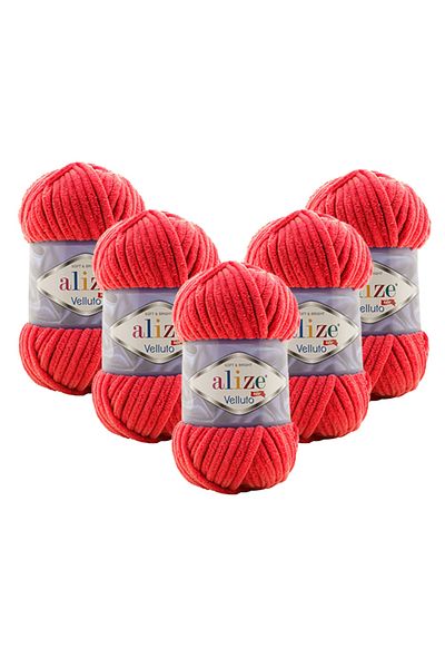 Alize 5 Pcs Velluto Velvet Hand Knitting Yarn 56 Red