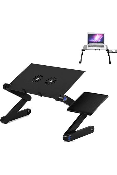 SUKILO Adjustable Laptop Stand with 2 Cooling Fans, Foldable Laptop Desk with Mouse Tray, 360° Rota