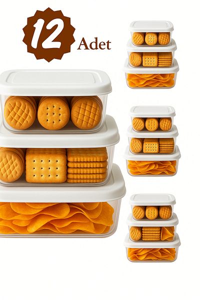 Herza House Set of 12 Rectangular Trendy Storage Containers 1200 ml - 740 ml - 400 ml