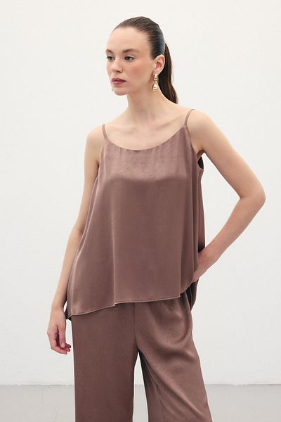 Sateen Satin Blouse with Strap - Brown