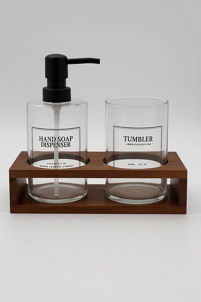 ERKUGO Acacia Stand Tumbler Glass Soap Dispenser and Toothbrush Holder Set, Bathroom Liquid Soap Dispenser 430ml