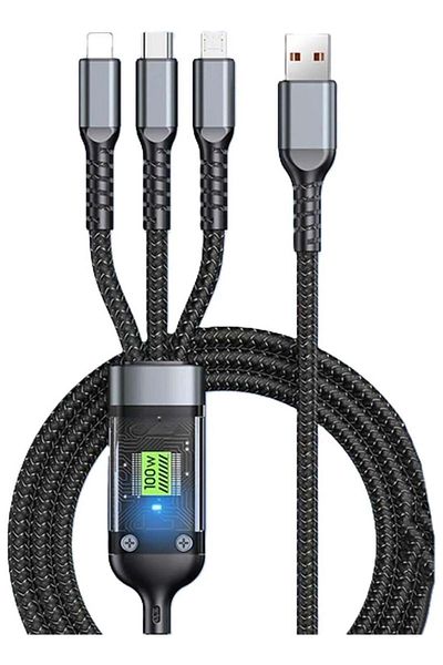 Generic شاحن كابل USB سريع، شحن متعدد 3 في 1 بقوة 100 وات، من النوع C/Micro USB/Lightning، متوافق