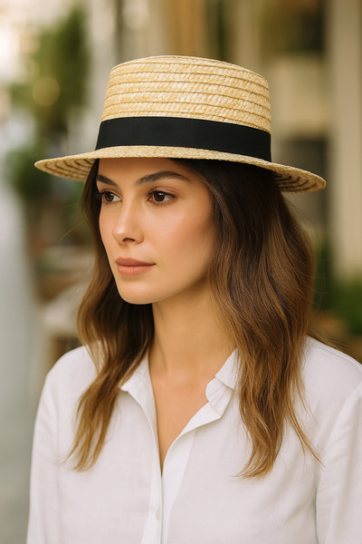 LAGRANZE قبعة صيفية من القش للنساء من تريند – طراز Boater مع شريط أسود