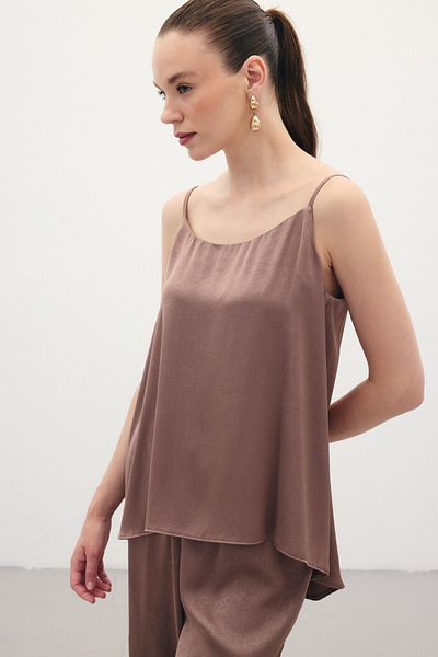 Sateen Satin Blouse with Strap - Brown