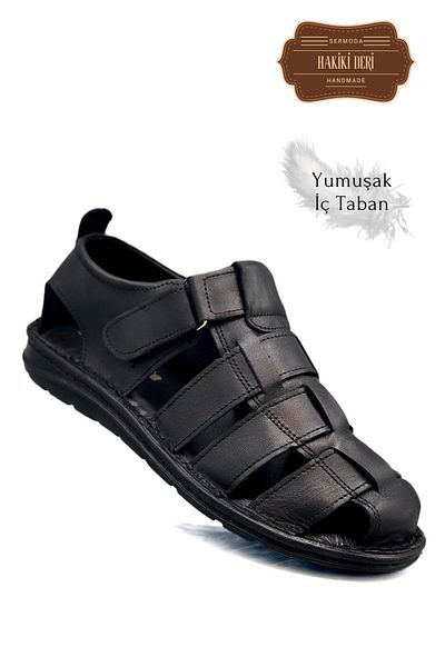 sermoda Genuine Leather Closed Toe Men's Sandals Black