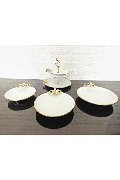 atabey home Porcelain 4-Piece Presentation Plate & Cookie Plate & Footed Presentation Plate Round Set - White Daisy Cast