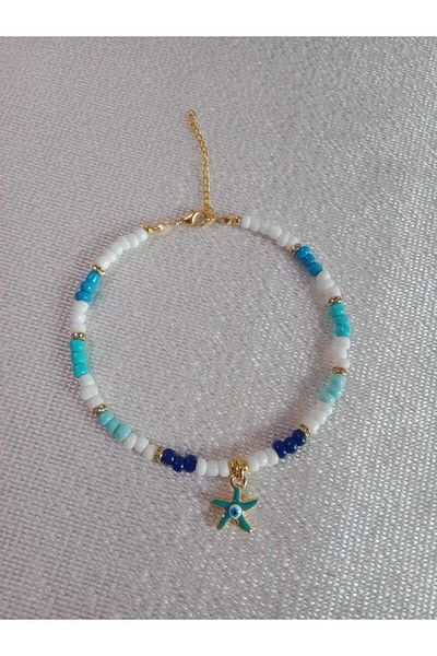 MODA MANANI Turquoise Blue White Beaded Anklet with Star Evil Eye Bead Detail