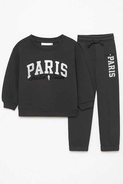 Magu Girls Cotton Black Ballet Team Lettering Tracksuit Set - Sweatshirt and Bottom Top Set