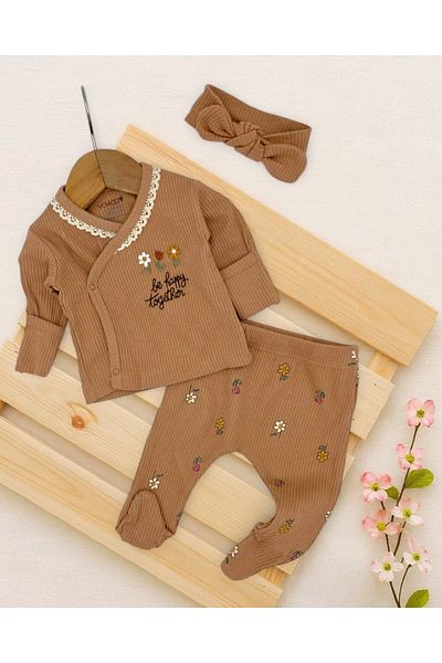 Ege Bebek Baby Girl 0-3 Months Flower Embroidery Detailed, Self-Gloves, Bandana 3 Piece Hospital Release Bodysuit S