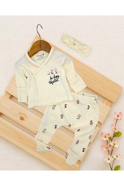 vovido Baby Girl 0-3 Months Flower Embroidery Detailed, Self-Gloves, Bandana 3 Piece Hospital Release Bodysuit S