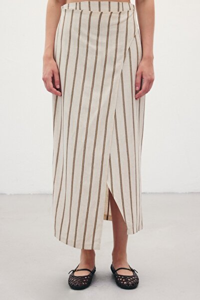 Sateen Смугаста лляна спідниця - верблюжа