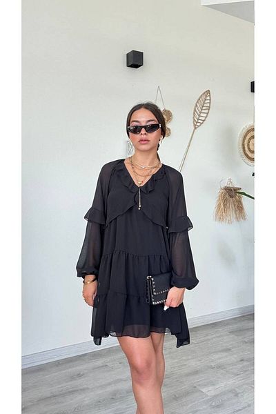 Şamdan Long Sleeve Chiffon Dress with Sleeve Detail