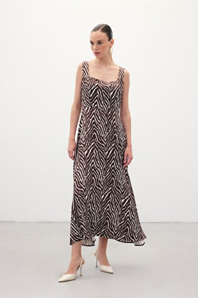 Sateen Φόρεμα με μοτίβο ζέβρας με τετράγωνο γιακά - Καφέ