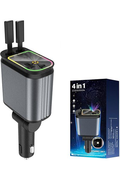 SUKILO 4-in-1 Starry Sky Retractable Car Charger with USB-C & USB-A Cables, Fast Charging, Star Proj