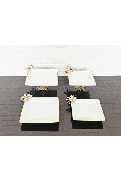 atabey home Porcelain 4-Piece Presentation Plate & Cake Service & Footed Presentation Plate Set - White Daisy Cast