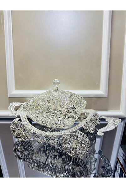 EVRA Gümüş Kristal Komple Taşlı Arabalı Model Geniş Kare Şekerlikli Lüx Çikol...