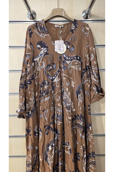 Park Moda Italian Linen Long Dress Shawl Pattern V-Neck