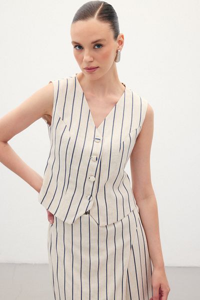 Sateen Striped Linen Blend Vest - Navy Blue