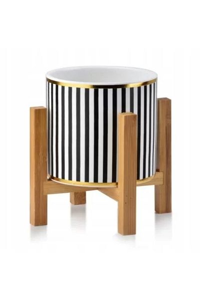 OEM Luxury Flower Pot with Wooden Stand, Ø 12.5, Height 16.5 cm, White/Black/Gold