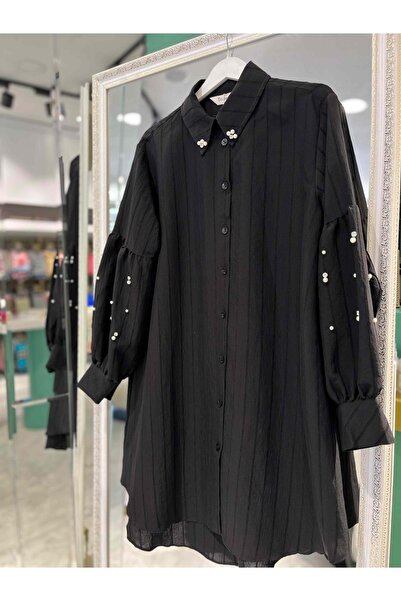 MERAM BUTİK Tri̇pen Tunic with Bead Detail 3107 - Black - 2