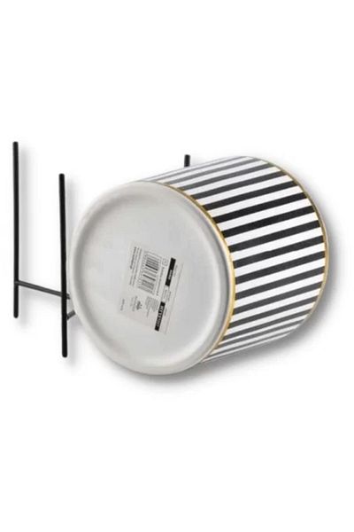 OEM Ghiveci de flori de lux cu suport metalic, alb și negru, dungi verticale