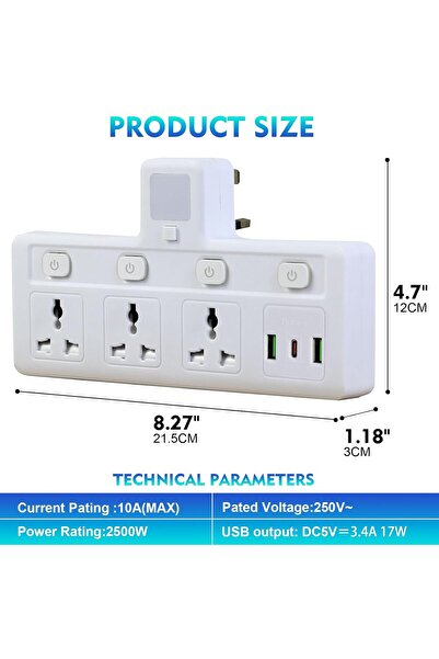 Generic SKY-TOUCH Multi Plug Extension Socket with Night Light, 3-Way Adapter, 2 USB & 1 Type-C