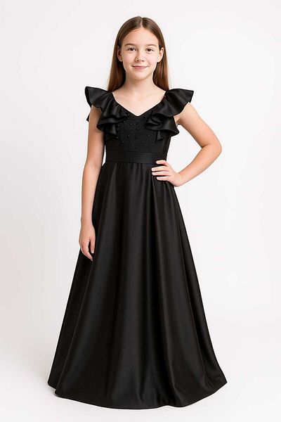 kent of kıds Girl's Zipper Closure Back Elasticated Fitted Sleeves Stone Beaded Long Satin Evening Dress