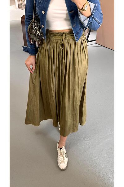 Sezgi Tekin Waist Elastic Wrinkled Texture Satin Midi Oil Green Skirt