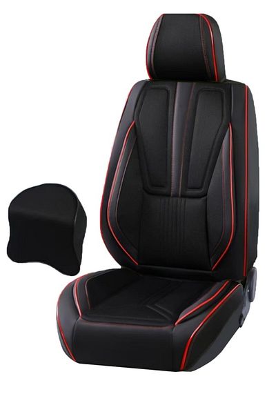 CED AUTO TRADE Universal car seat cover set, black -leather with black fabric and red stitching, front-back