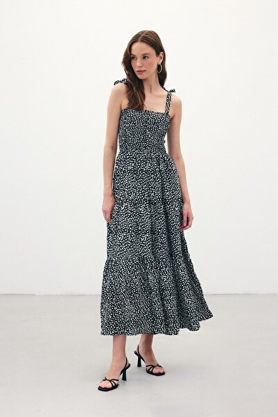 Sateen Desenli Uzun Elbise - Siyah