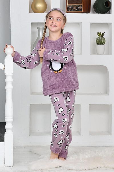 Mutlu City New Season Autumn/Winter Girls' Penguin Patterned Fleece Pajama Set 4994