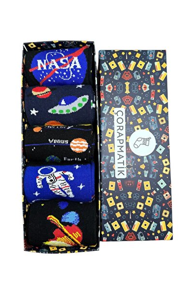 çorapmatik 5'li Gezegen Desenli Unisex %100 Pamuk Soket Çorap Seti