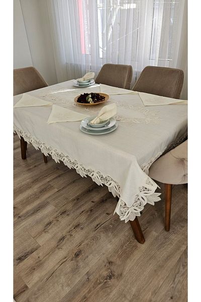 ZESA HOME Luxury Gardenia Linen 12 Seater 26 Piece Heavy Lace Tablecloths -160X220...160X500