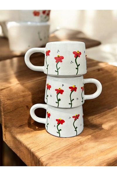 BB TRADE Set of 3 Ceramic Mugs with Handmade Fire Flower Design