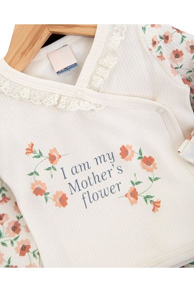 Ege Bebek Baby Girl Ribbed 0-3 Months Newborn Floral Printed Hat and Self-Gloves Bodysuit Set