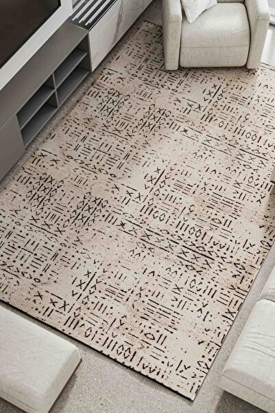 Serente Home İskandinav Desenli Yıkanabilir Kaymaz Taban Şönil Halı Vizon Siyah Yolluk 4148