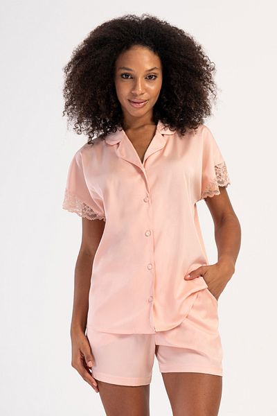 VİENETTA Women's Satin Complete Button Short Sleeve Shorts Pajamas Suit, 161729
