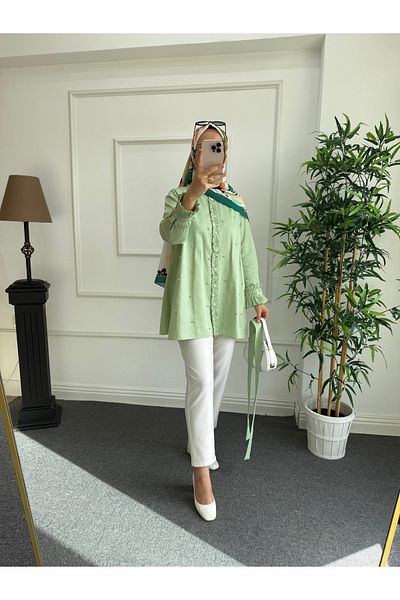 Nisa Nalbantoğlu Water Green Stone Detailed Poplin Shirt