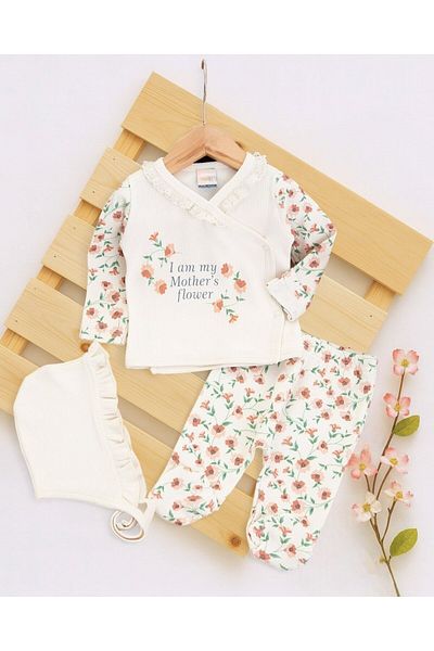 Ege Bebek Baby Girl Ribbed 0-3 Months Newborn Floral Printed Hat and Self-Gloves Bodysuit Set