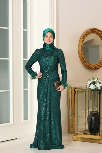 miss newal Hüma Tesettür Abiye Zümrüt Yeşili